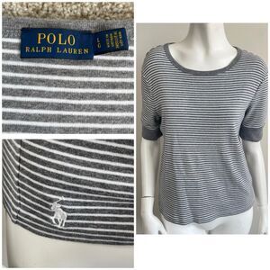 Polo Ralph Lauren Women's L Gray White Striped Pony Logo Tee Shirt Preppy Y2K